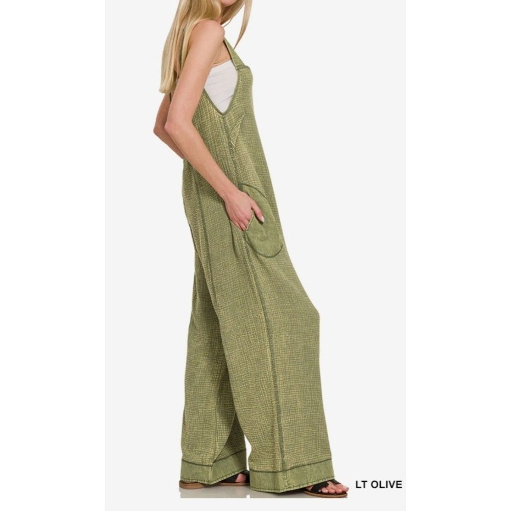 Zenana Double Gauze Washed Wide Leg Overalls Lt Olive Green Jumpsuit Small - Picture 2 of 12